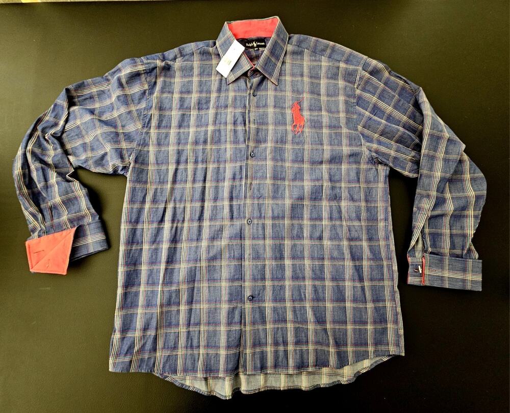 Ralph Lauren Black Label Chambray Plaid Shirt Big Pony French Cuff 5XL VERY RARE